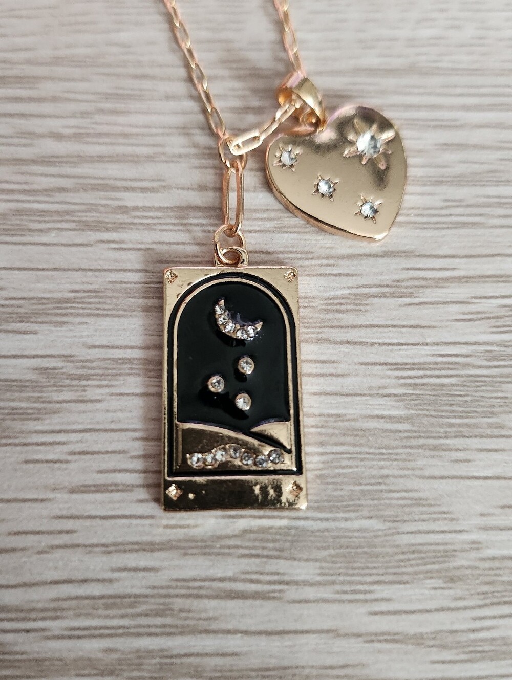 Gold-tone Moon & Stars Pendant Necklace - Black Inlay